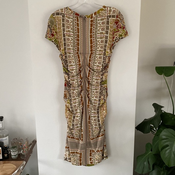 NICOLE MILLER COLLECTION silk ruched dress stretch brown grey print S - Picture 4 of 5